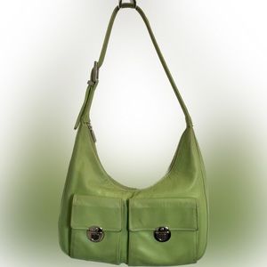 Perlina Green Leather Shoulder Bag with Silver Accents and Outside Pockets